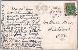 Postcard Split Ring Cancel c1911 Stauffer Alberta to Listowel Ontario