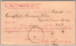 Postcard Syracuse New York 1891 American Dairy Salt Co. Onondaga Coarse Salt