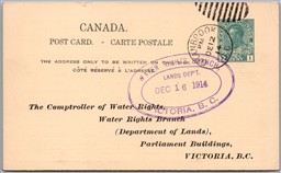 Postcard 1914 British Columbia Water Rights Branch Oval Stamp Victoria