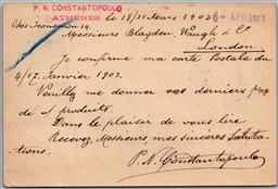 Postcard Athens Greece 1903 to London from P.N. Constantopoulo Blagden, Waugh Co