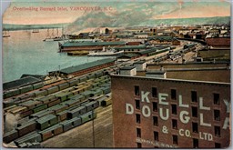 Postcard Vancouver BC Overlooking Burrard Inlet Railroad Station Cars *as is*