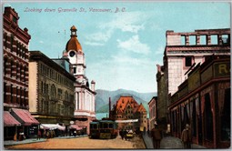 Postcard Vancouver British Columbia c1910s Looking down Granville St. Trolley's
