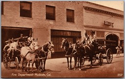 Postcard Modesto California c1910s Fire Department Horse Wagons