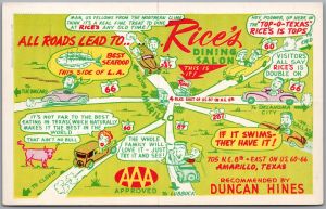 Postcard Amarillo Texas c1950 Rice's Dining Salon Map Route 66 Duncan Hines
