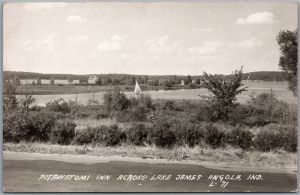 Postcard RPPC c1947 Angola Indiana Potawatomi Inn Across Lake James Scenic View