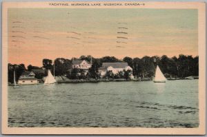 Postcard Muskoka Ontario c1942 Yachting on Lake Cottages Scenic View