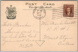 Postcard Muskoka Ontario c1942 Yachting on Lake Cottages Scenic View (back)