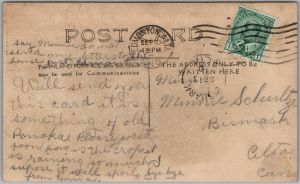 RPPC 1910 Ponoka Alberta Winter Scene Farm Building Split Ring Cancel Bismark AB (back)