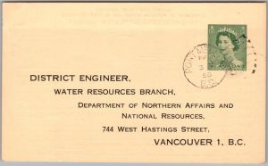 Postcard Port Mellon BC 1958 Rainy River Water Height Government Survey Form (back)
