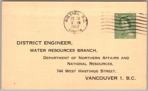 Postcard Quesnel River BC 1957 Gravelle Ferry Water Height Government Survey (back)