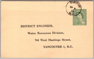 Postcard Yarrow BC 1957 Chilliwack River Water Height Government Survey Form (back)
