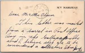 Postcard Galapagos Isl. c1957 Post Office Bay Barrel M/V Marijean Black Creek BC (back)