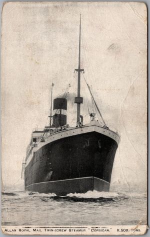 Postcard Allan Line SS Corsican Royal Mail Steamer Split Ring Belle Plaine Sask.