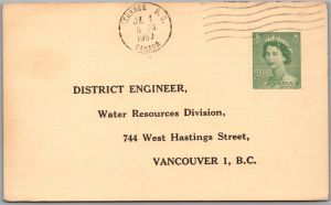 Postcard Zymoetz River BC 1957 Terrace BC Water Height Government Survey Form (back)