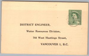 Postcard Kootenay River BC 1957 Wardner Water Height Government Survey Form (back)