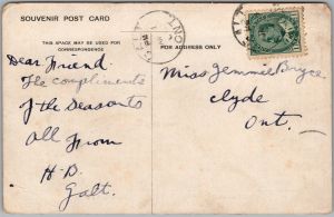 Postcard Galt Ontario c1906 Queen's Square Knox Church Scott's Opera House (back)