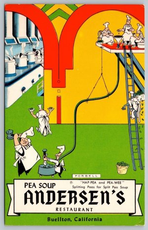 Postcard Buellton CA c1960s Andersen’s Restaurant Pea Soup Advertisement Forbell