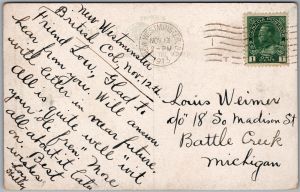Postcard Vancouver British Columbia c1913 Glencoe Lodge Georgia Street (back)