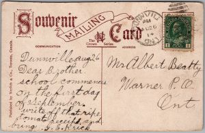 Postcard Muskoka Ontario c1914 Clevelands House Lake Rosseau to Warner ONT (back)
