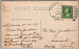 Postcard RPPC c1909 St. James Minnesota Threshing Crew Haystacks Steam Farming (back)