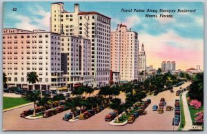 Postcard Miami Florida 1950s Royal Palms Along Biscayne Boulevard Old Cars Linen