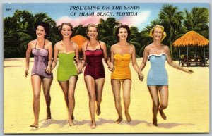Postcard Miami Beach Florida c1940s Frolicking on the Sands Pretty Ladies Linen