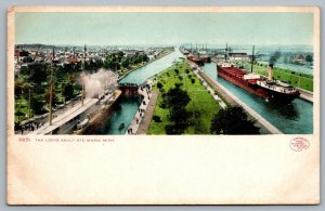 Postcard Sault Ste. Marie MI c1905 The Locks Birds Eye View Steamers Canal UDB