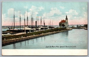 Postcard Sault Ste. Marie MI c1905 Upward Bound Soo Locks Boats Lighthouse