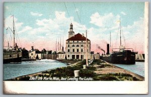 Postcard Sault Ste. Marie MI c1905 Boat Leaving Poe Locks Steamers Lighthouse