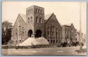 Postcard RPPC c1922 Bismarck North Dakota Methoidst Church Old Cars