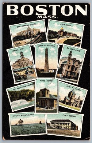 Postcard Boston MA c1911 Multi View Terminal Station Churches Boston Harbor
