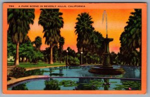 Postcard Beverly Hills CA c1940s A Park Scene Fountain Sunset Linen