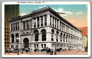 Postcard Chicago IL c1919 The Public Library Old Cars