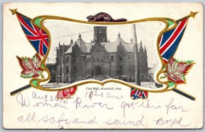 Postcard Stratford Ontario c1905 City Hall Patriotic Border RPO Cancel