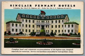 Postcard Columbia or Rolla MO c1940s Sinclair Pennant Hotels Route 66 & 63 US 40