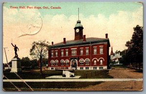 Postcard Port Hope Ontario c1914 Town Hall View Col Williams Statue