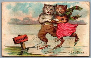 Postcard c1909 Embossed Anthropomorphic Cats Skating “Where Ignorance Is Bliss"