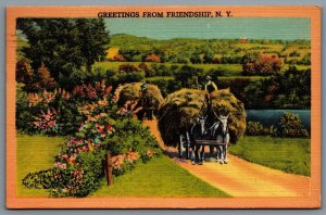 Postcard Friendship New York c1948 Greetings From Friendship Horses Pulling Hay