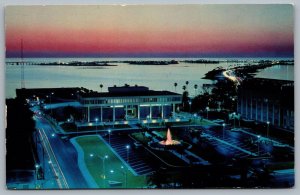Postcard Clearwater Bay Florida c1960s Scene At Dusk Birds Eye View City Hall