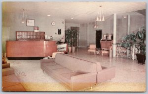 Postcard Simcoe Ontario 1960s Norfolk Hotel Interior View of Lobby MCM Furniture