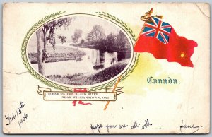 Postcard Williamstown Ontario c1906 Scene On The Black River Patriotic Flag