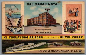 Postcard Las Vegas NV c1938 Sal Sageu Hotel El Trouatore Arizona Route 66 Multi 
