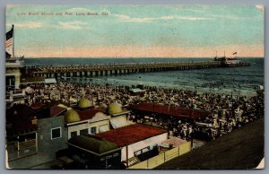 Postcard Long Beach CA c1911 Long Beach Stand and Pier Bathers American Flag