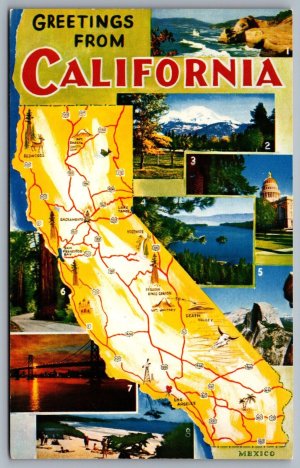 Postcard CA c1970s Greetings from California Cropped State Map Multi View