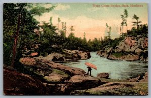 Postcard Bala Ontario 1907 Muskoka Moon Chute Rapids Portaging Split Ring Cancel