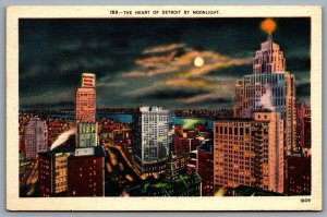 Postcard Detroit Michigan c1940s The Heart of Detroit by Moonlight Unused