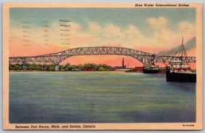 Postcard Sarnia ONT c1938 Blue Water International Bridge Port Huron Michigan