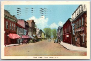 Postcard Perth Ontario 1939 Foster Street Lanark County Shops Signs Cars PECO