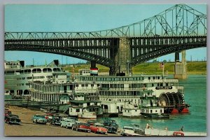Postcard St. Louis MO c1960s Steamboats on Riverfront Mississippi Levee Old Cars