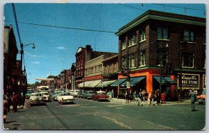Postcard North Bay Ontario c1957 Main Street Old Cars Shops Signs Liggetts